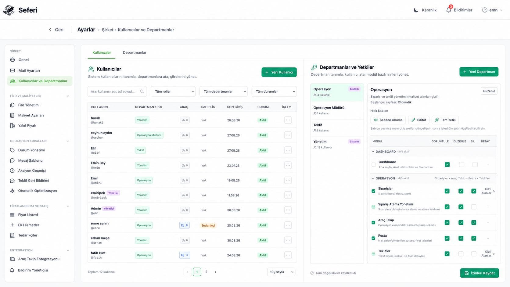 Seferi permissions screen: users and per-module view/edit rights