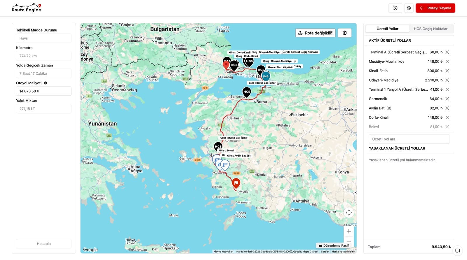 Seferi rota servisi ekranı: İstanbul–Muğla rotası harita üzerinde, solda kilometre, süre, otoyol maliyeti ve yakıt miktarı; sağda rotadaki ücretli yolların gişe gişe fiyat dökümü